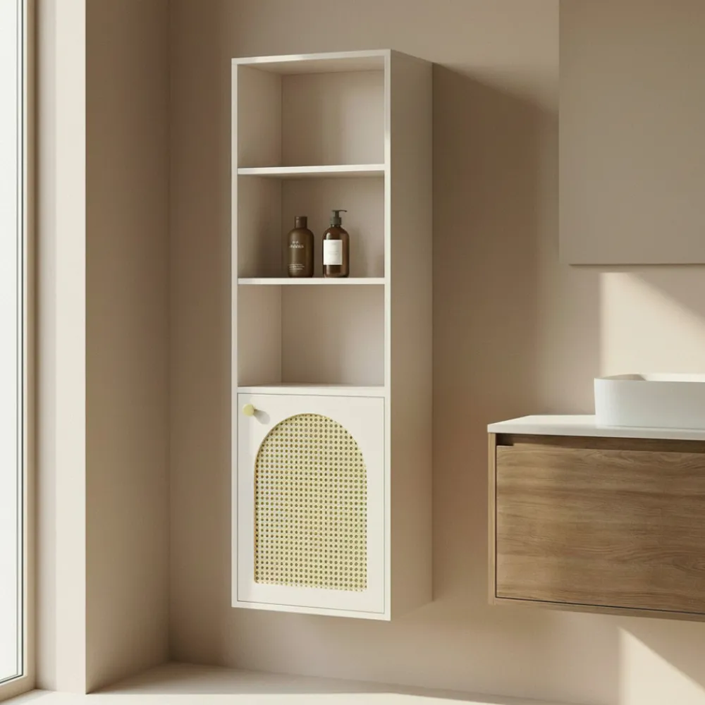 Drawer ALI Colonne de rangement suspendue en bois et cannage H135cm