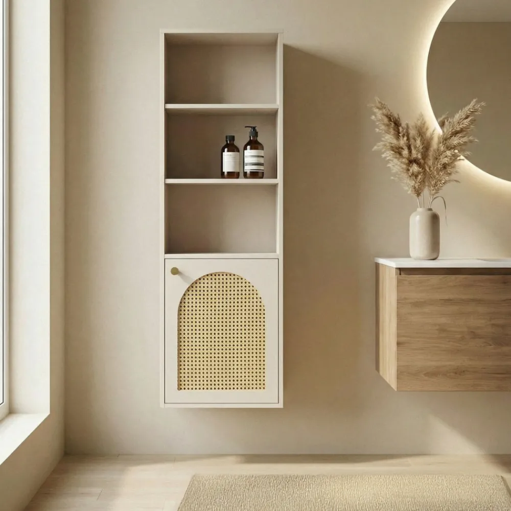 Drawer ALI Colonne de rangement suspendue en bois et cannage H135cm