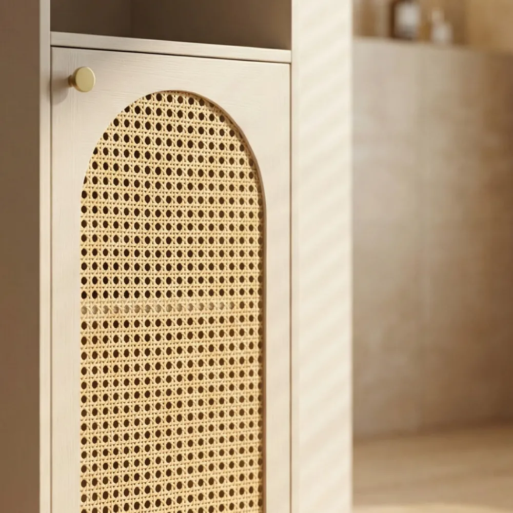 Drawer ALI Colonne de rangement suspendue en bois et cannage H135cm