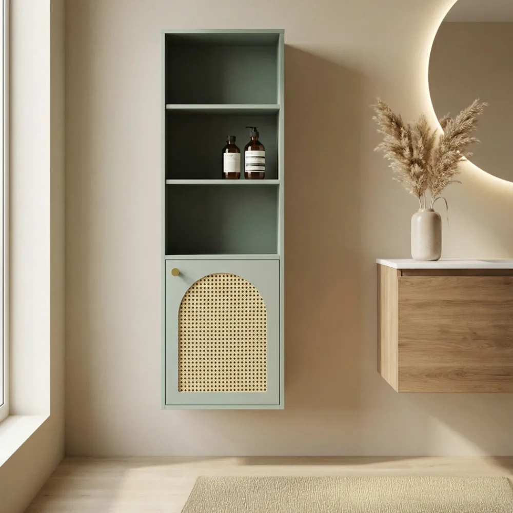 Drawer ALI Colonne de rangement suspendue en bois et cannage H135cm