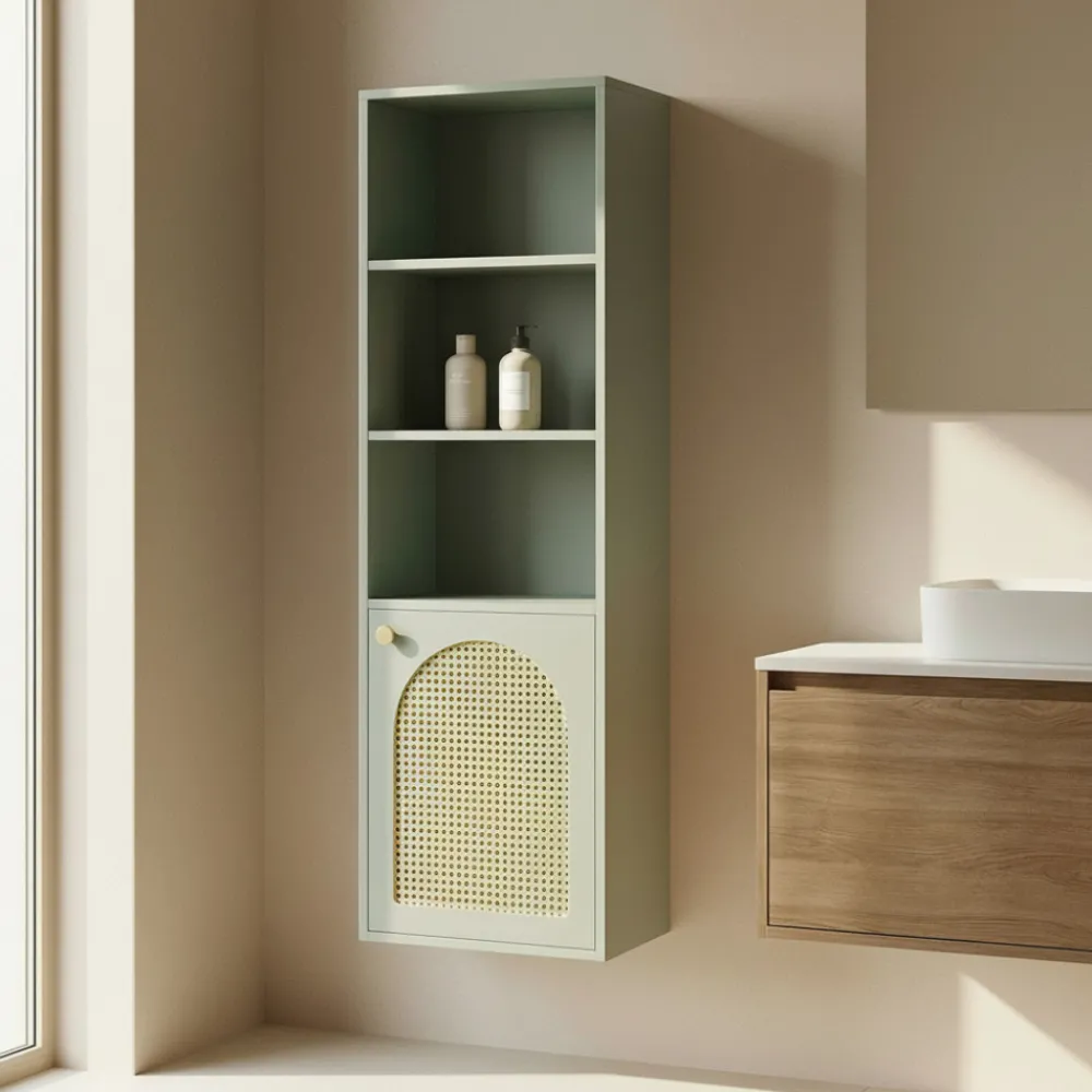 Drawer ALI Colonne de rangement suspendue en bois et cannage H135cm
