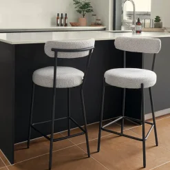 House Nordic BADALONA Tabouret de bar en tissu bouclette et métal H65cm