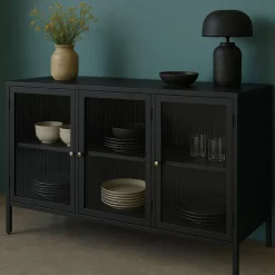 No name BJORN Buffet 3 portes en verre strié et métal L132cm