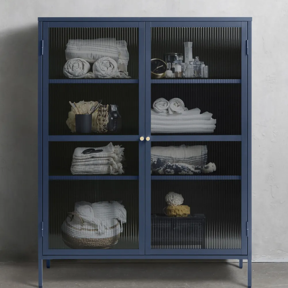No name BJORN Vaisselier 2 portes en verre strié et métal H140cm