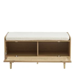 No name BOMBONG Banc d'entrée avec rangement chaussures en bois et cannage L100cm