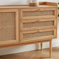 No name BOMBONG Buffet 2 portes 3 tiroirs en bois et cannage L180cm