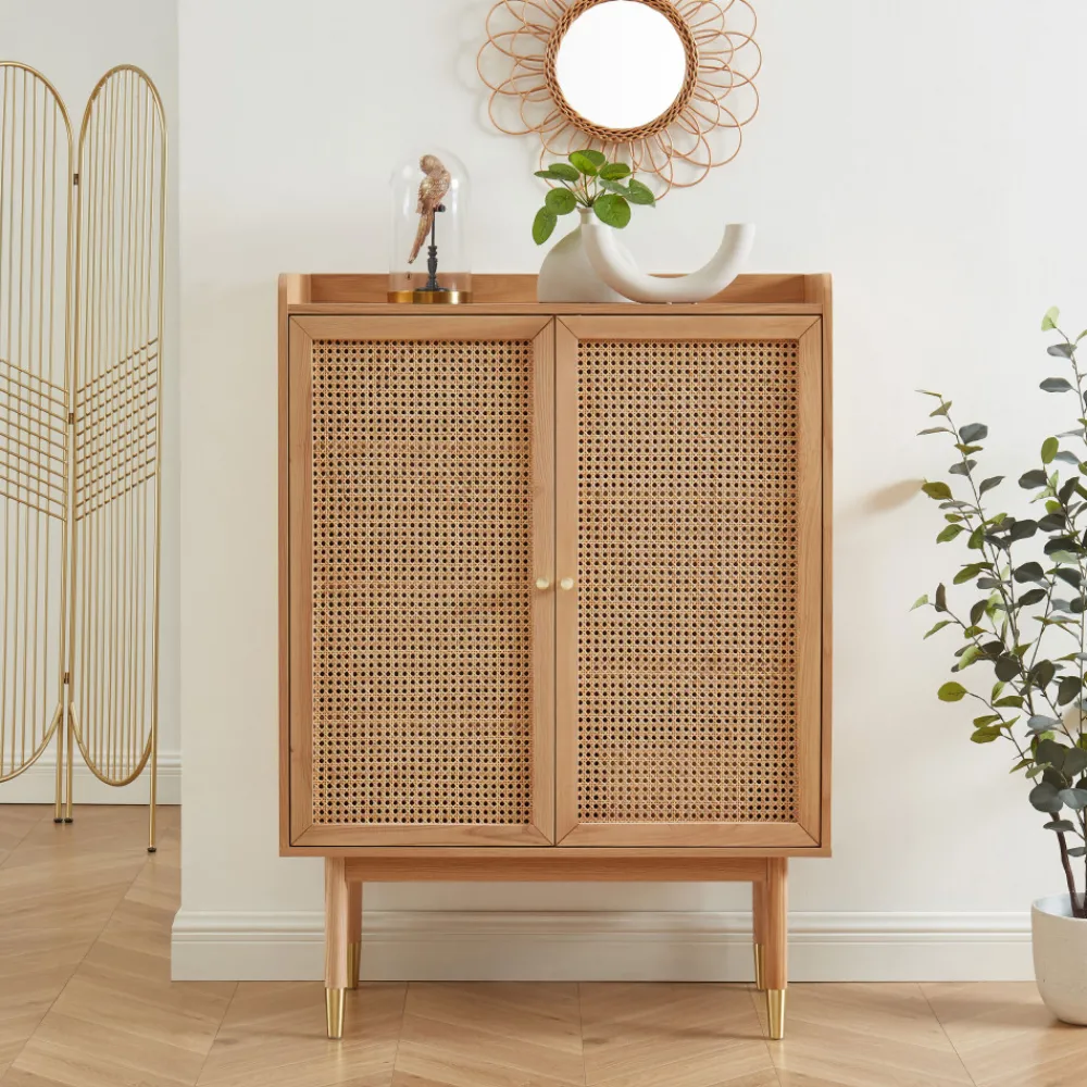 No name BOMBONG Buffet haut 2 portes en bois et cannage L90cm