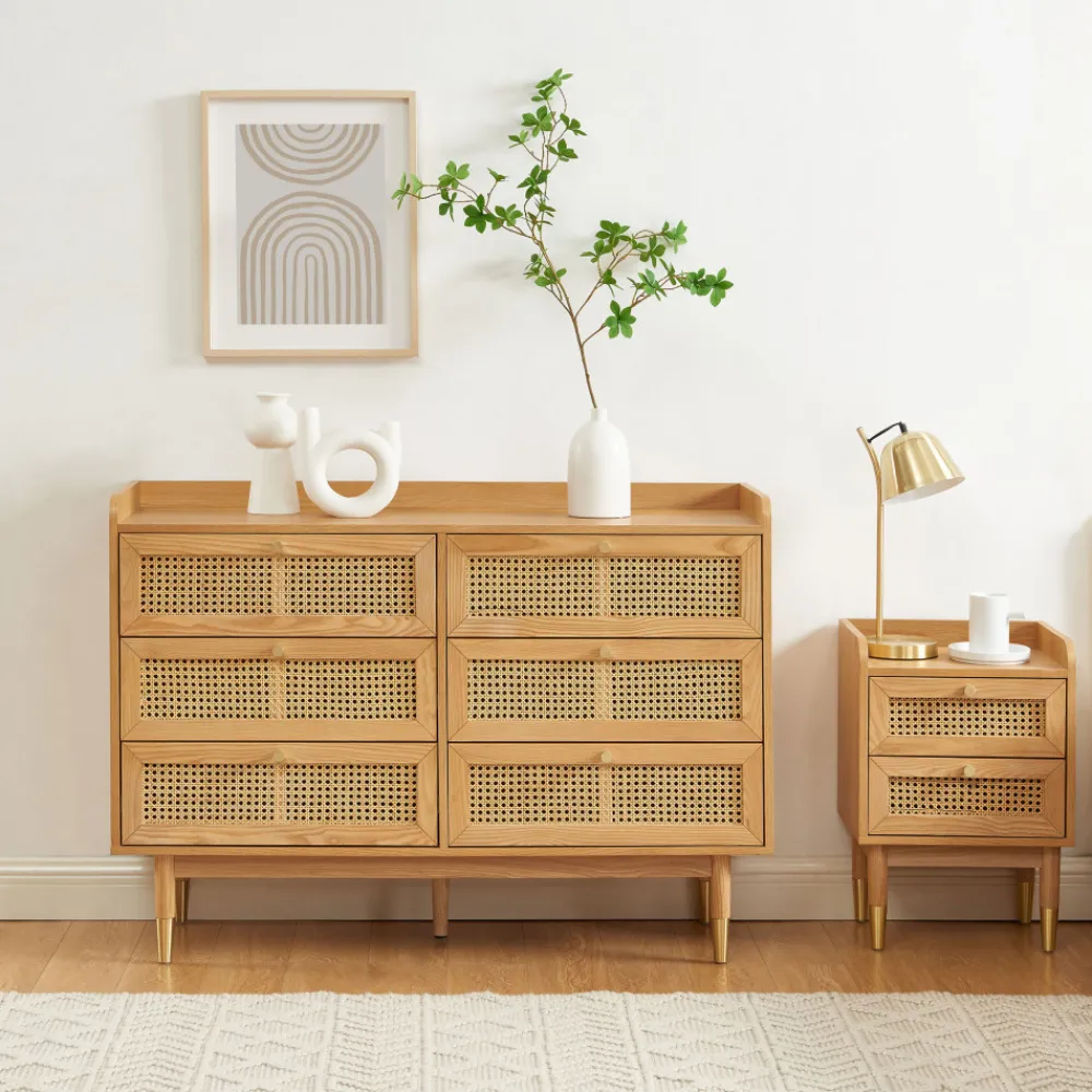 No name BOMBONG Commode 6 tiroirs en bois et cannage L120cm