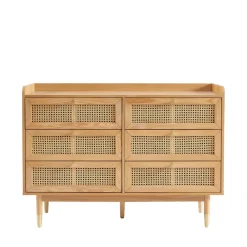 No name BOMBONG Commode 6 tiroirs en bois et cannage L120cm