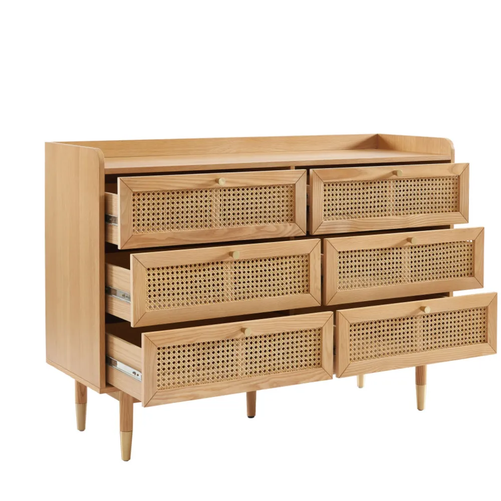 No name BOMBONG Commode 6 tiroirs en bois et cannage L120cm