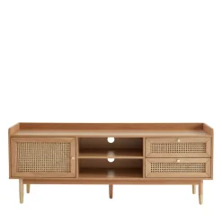 No name BOMBONG Meuble TV 1 porte 2 tiroirs en bois et cannage L160cm
