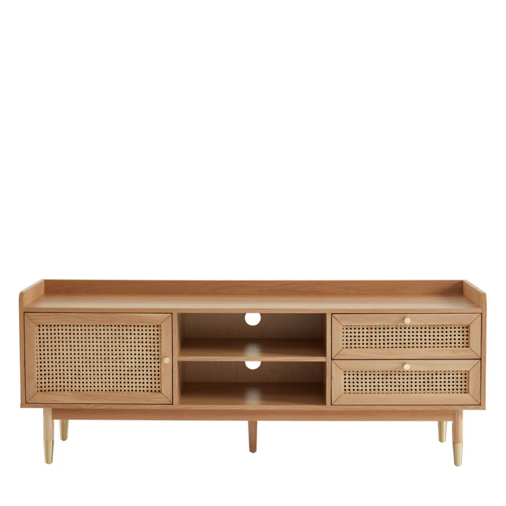 No name BOMBONG Meuble TV 1 porte 2 tiroirs en bois et cannage L160cm