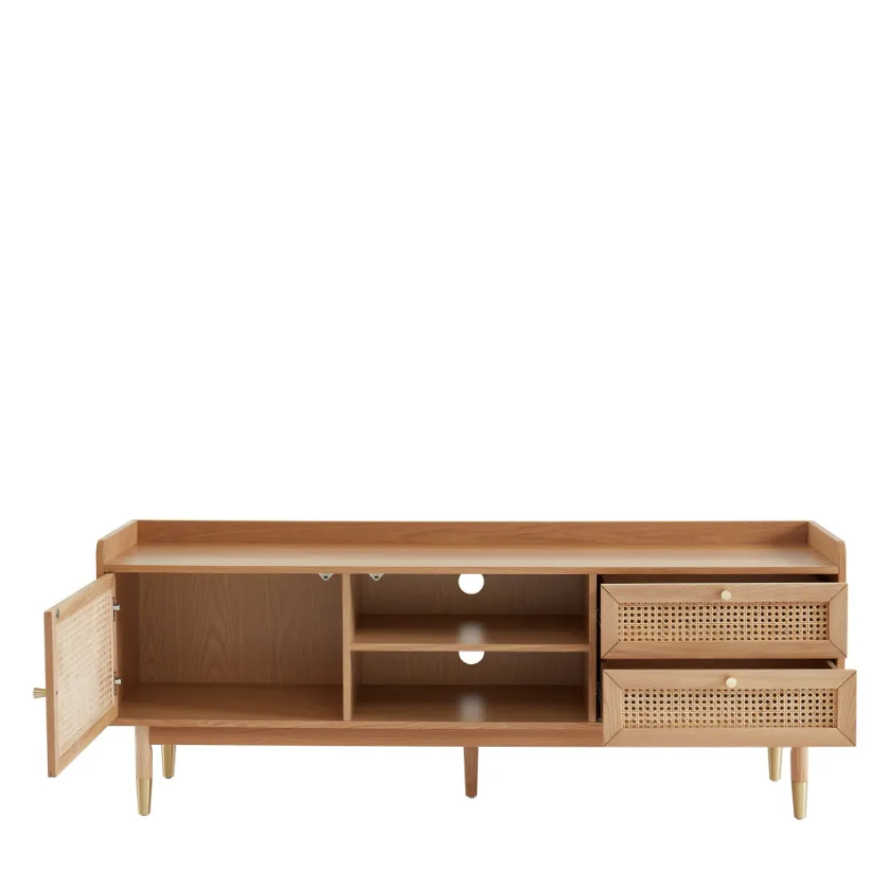 No name BOMBONG Meuble TV 1 porte 2 tiroirs en bois et cannage L160cm