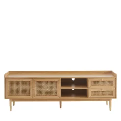 No name BOMBONG Meuble TV 2 portes 2 tiroirs en bois et cannage 180 cm