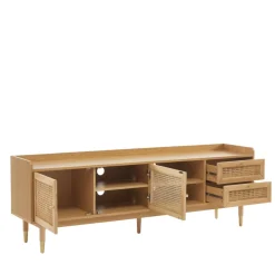 No name BOMBONG Meuble TV 2 portes 2 tiroirs en bois et cannage 180 cm