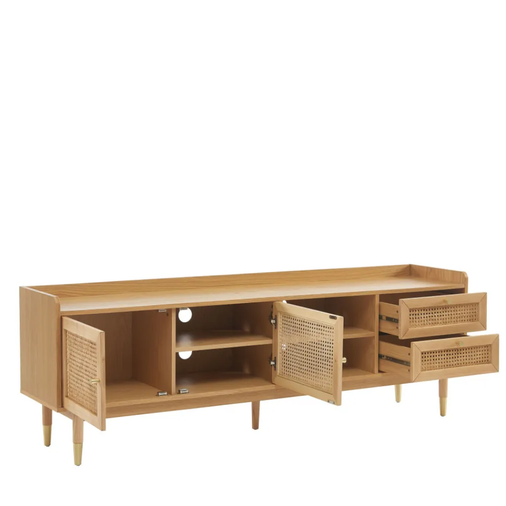No name BOMBONG Meuble TV 2 portes 2 tiroirs en bois et cannage 180 cm