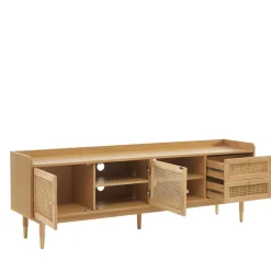 No name BOMBONG Meuble TV 2 portes 2 tiroirs en bois et cannage 180 cm