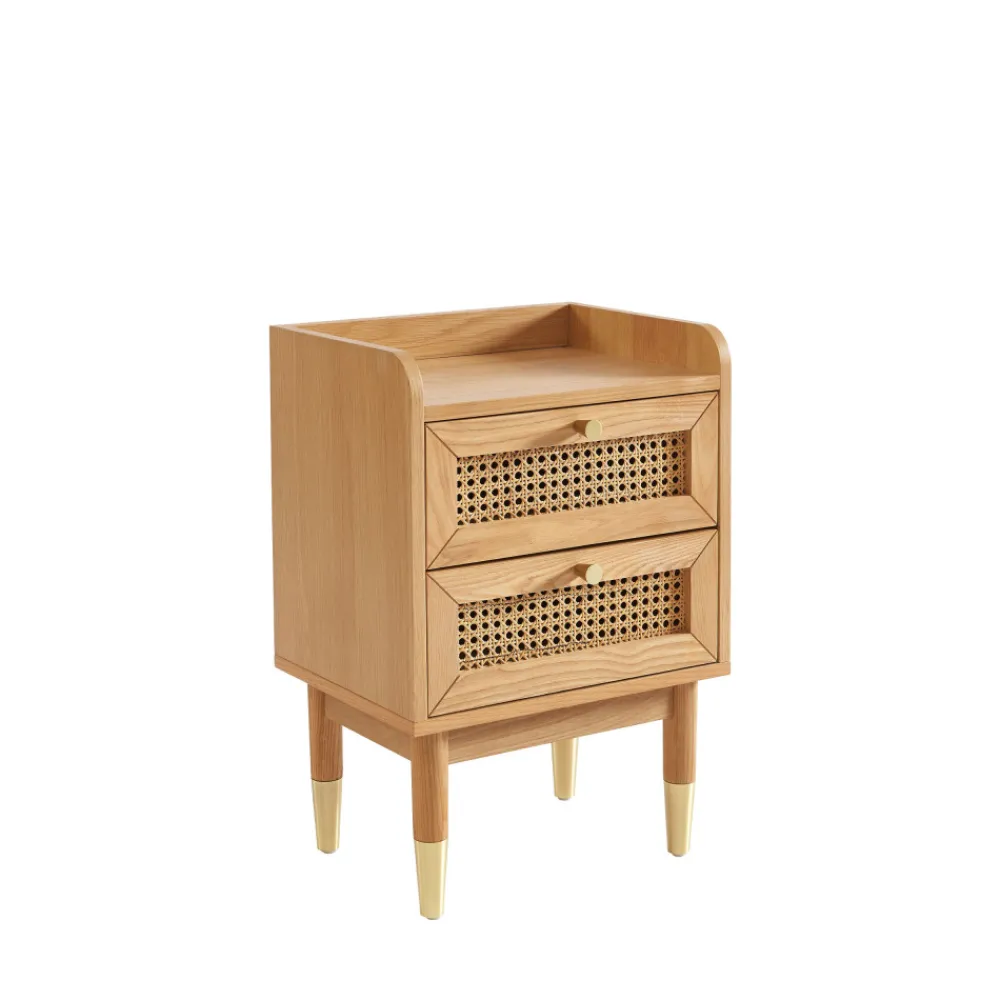 No name BOMBONG Table de chevet 2 tiroirs en bois et cannage