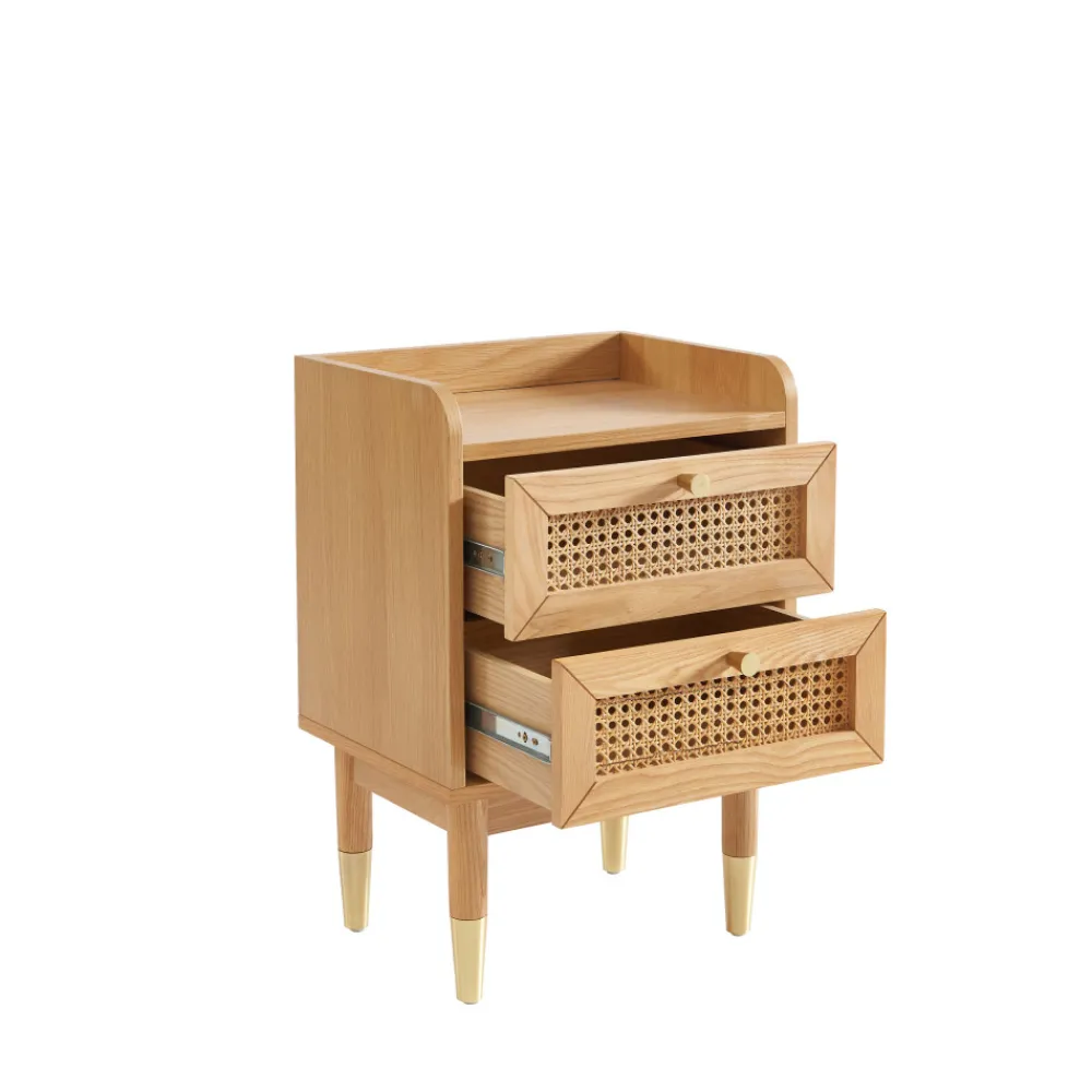 No name BOMBONG Table de chevet 2 tiroirs en bois et cannage