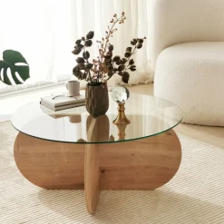 Drawer BULLY Table basse ronde en verre trempé et bois ø75cm