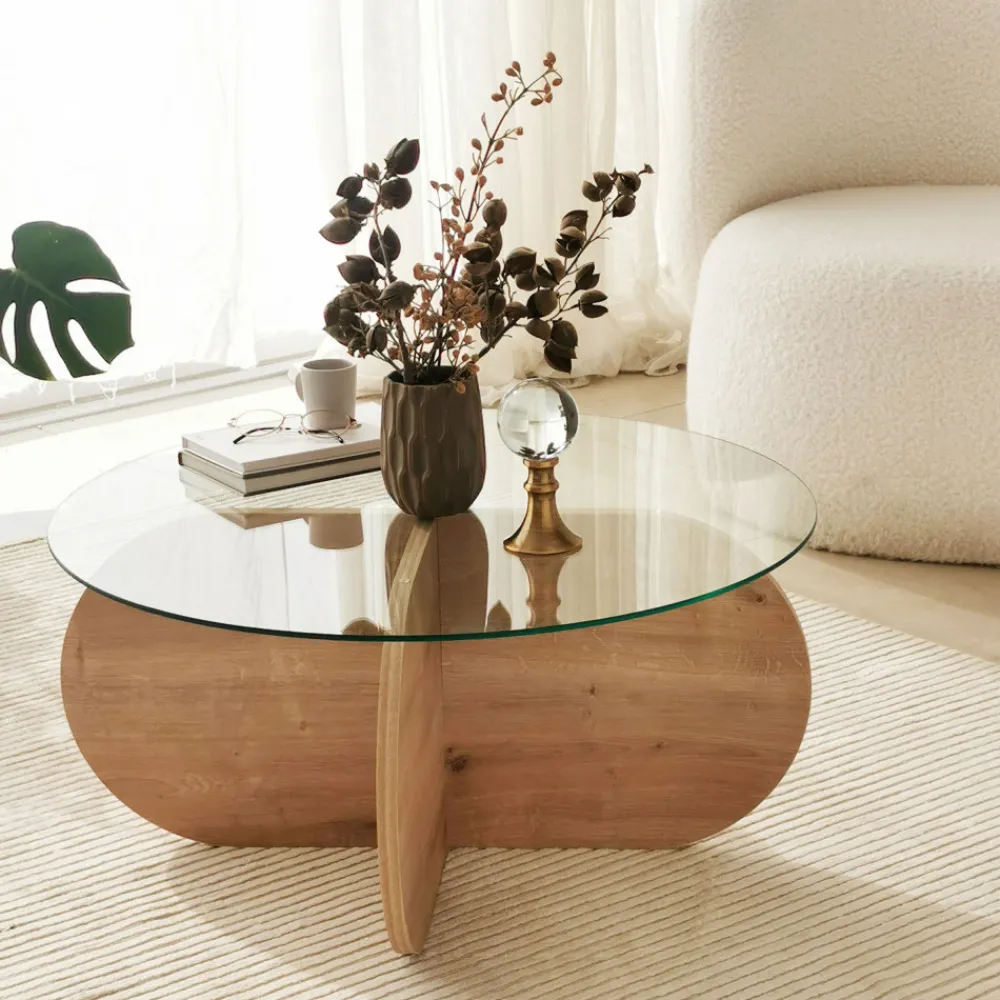 Drawer BULLY Table basse ronde en verre trempé et bois ø75cm