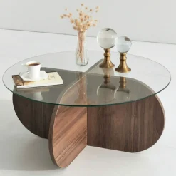 Drawer BULLY Table basse ronde en verre trempé et bois ø75cm