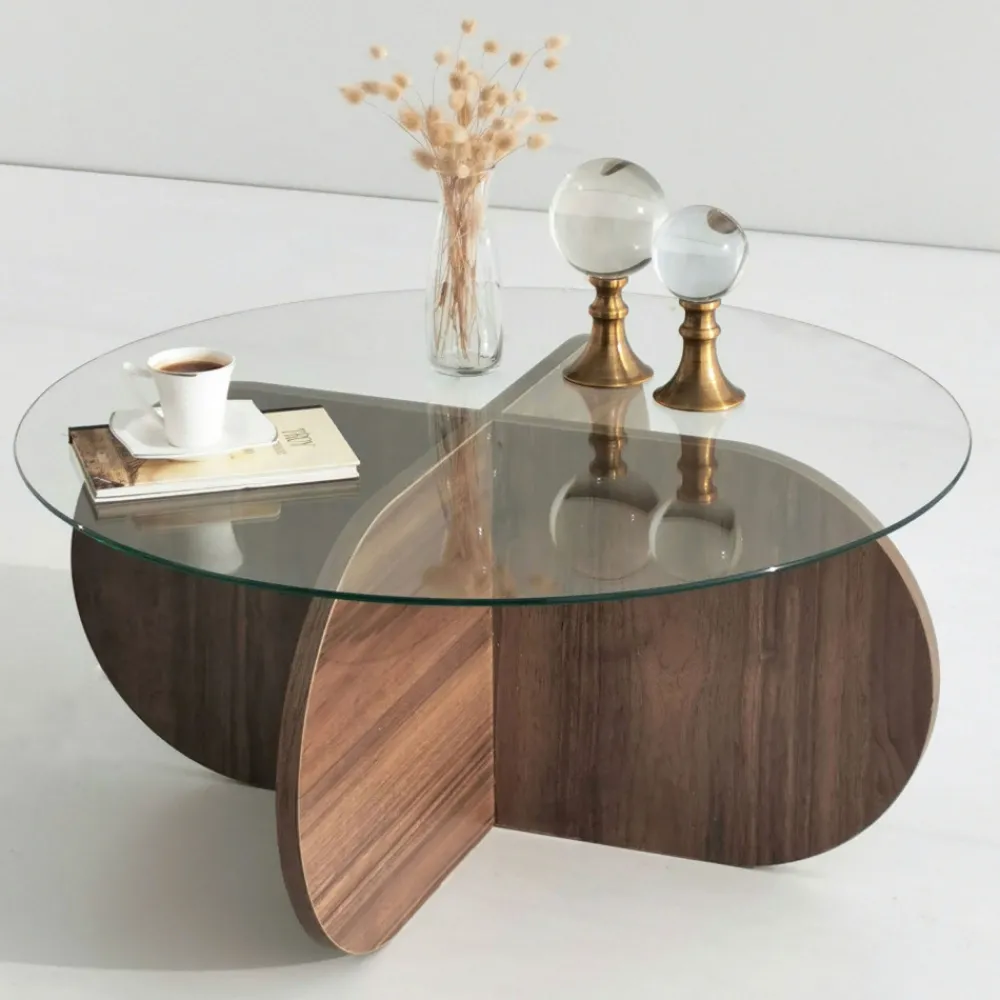 Drawer BULLY Table basse ronde en verre trempé et bois ø75cm