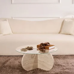 Drawer BULLY Table basse ronde en verre trempé et effet travertin ø75cm
