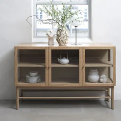 No name CAHIR Buffet 3 portes en verre trempé et bois L132cm