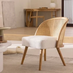Drawer CANDICE Fauteuil en tissu bouclette et rotin