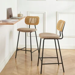 No name EMA Lot de 2 tabourets de bar en tissu bouclette et métal H66,5cm