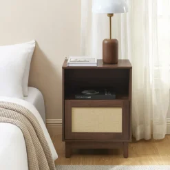 No name ESTELA Table de chevet 1 porte en bois et cannage