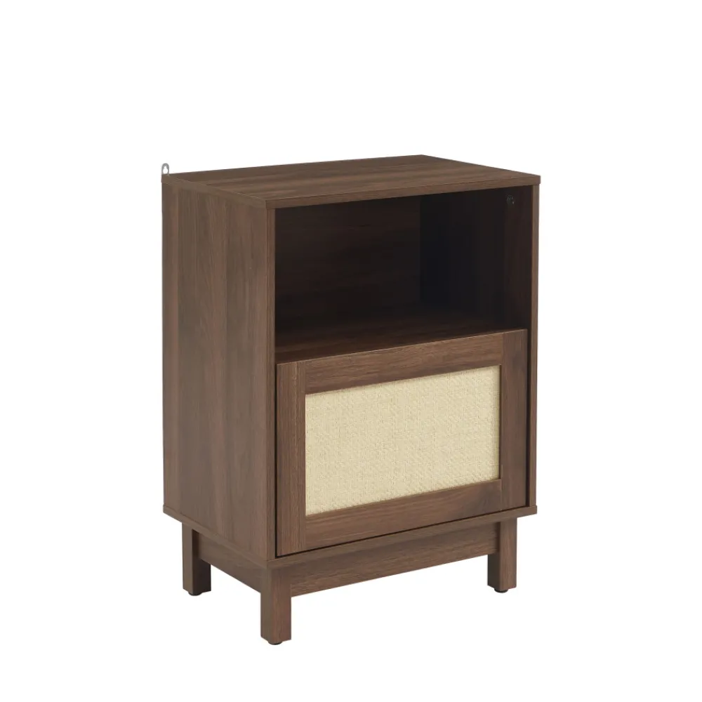 No name ESTELA Table de chevet 1 porte en bois et cannage