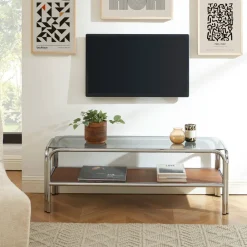 No name GLISS Meuble TV en verre pieds chrome L120cm