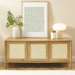 No name IRIS Meuble TV 3 portes en bois et cannage L120cm