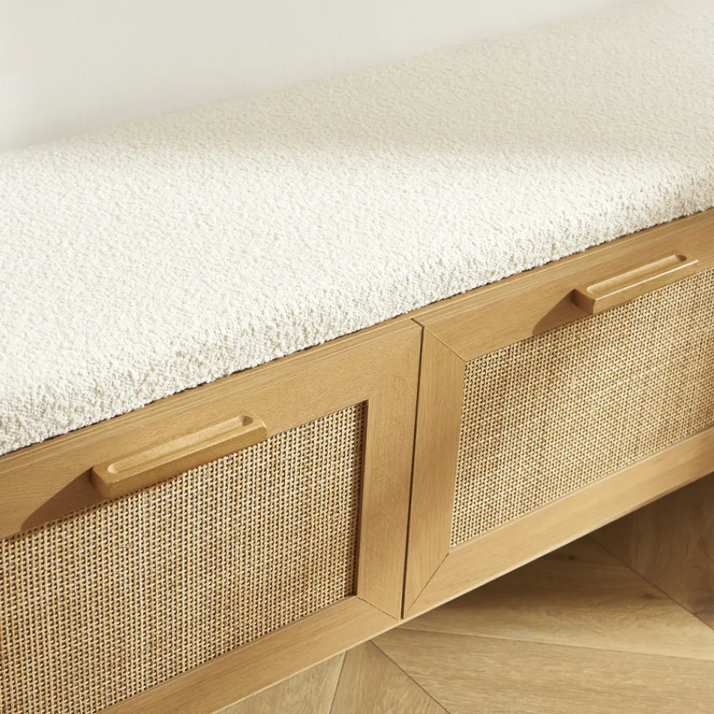 Drawer JUNE Banc d'entrée avec rangement à chaussures en bois et cannage L140cm