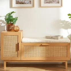 Drawer JUNE Banc d'entrée avec rangement à chaussures en bois et cannage L120cm
