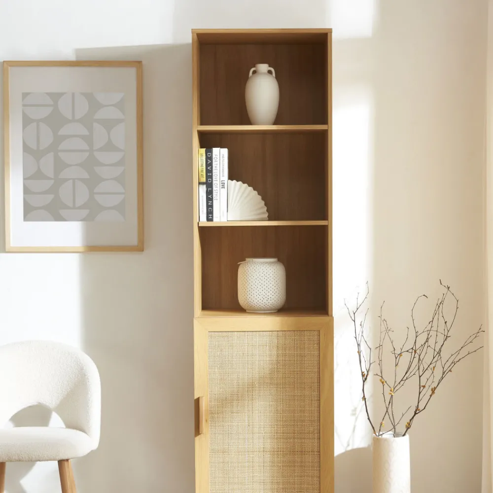 Drawer JUNE Colonne de rangement en bois et cannage H190cm
