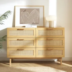 Drawer JUNE Commode 6 tiroirs en bois et cannage L130cm
