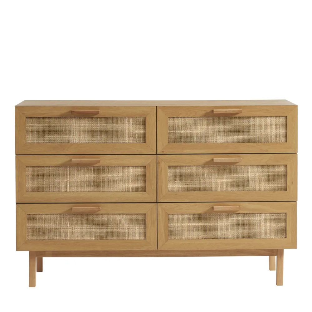 Drawer JUNE Commode 6 tiroirs en bois et cannage L130cm