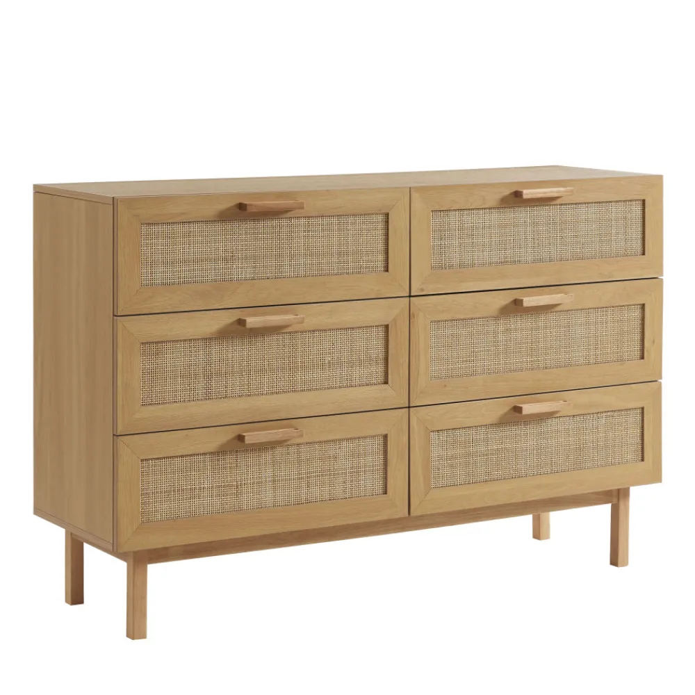 Drawer JUNE Commode 6 tiroirs en bois et cannage L130cm