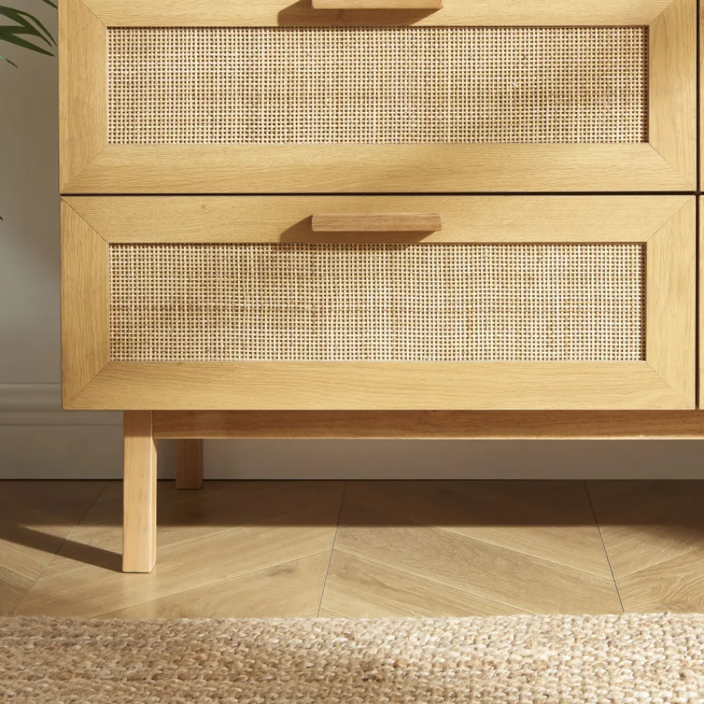 Drawer JUNE Commode 6 tiroirs en bois et cannage L130cm