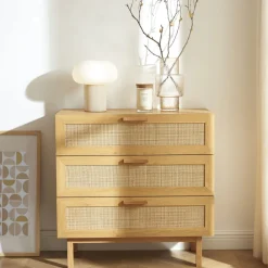 Drawer JUNE Commode 3 tiroirs en bois et cannage L85cm