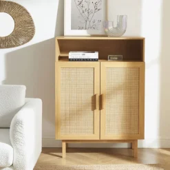 Drawer JUNE Meuble à chaussures 2 portes 1 niche en bois et cannage L80cm