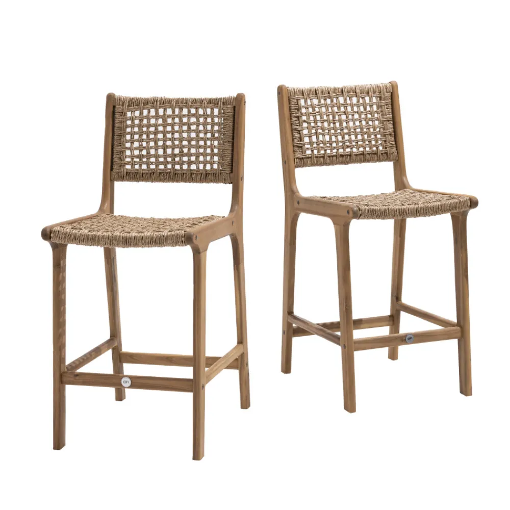 Drawer LEXIA Lot de 2 tabourets de bar intérieur/extérieur en bois d'acacia et résine tressée H66cm