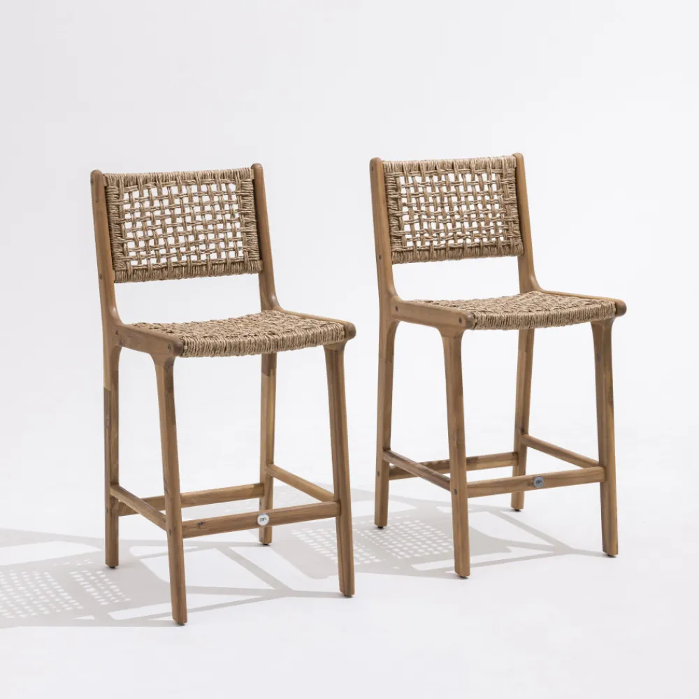 Drawer LEXIA Lot de 2 tabourets de bar intérieur/extérieur en bois d'acacia et résine tressée H66cm