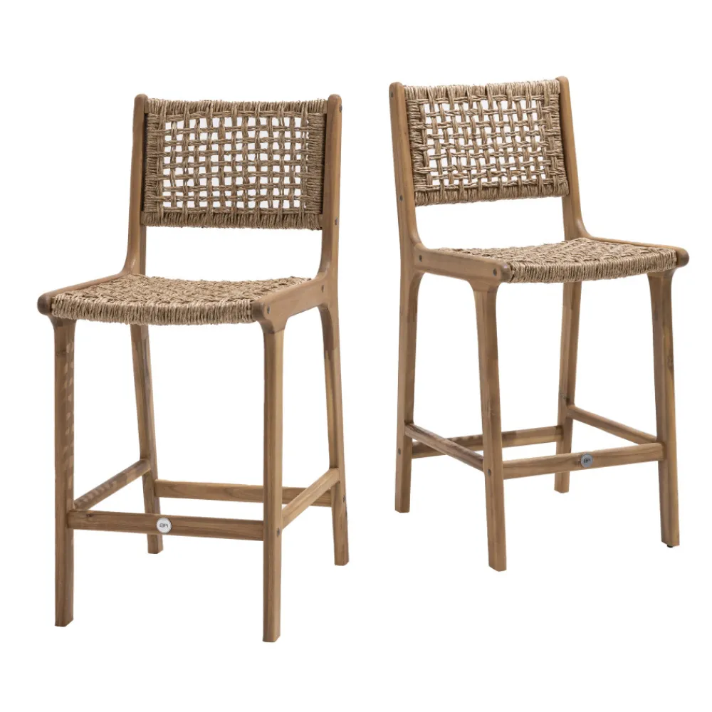 Drawer LEXIA Lot de 2 tabourets de bar intérieur/extérieur en bois d'acacia et résine tressée H76cm