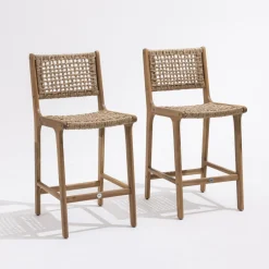 Drawer LEXIA Lot de 2 tabourets de bar intérieur/extérieur en bois d'acacia et résine tressée H76cm