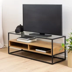 Drawer LUMA Meuble TV en verre, bois et métal L120cm