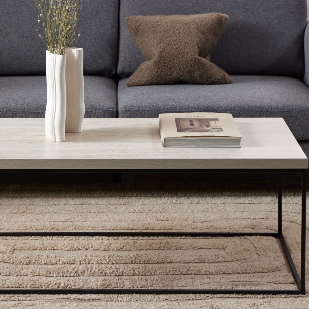 Drawer MIXO Table basse en effet travertin et métal 110x50cm